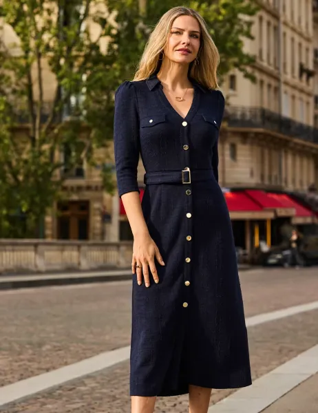 SOSANDAR Bouclé Belted Midaxi Fit And Flare Dress Navy