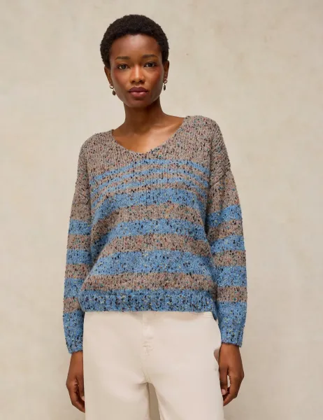 Textured Striped V-Neck Jumper with Wool Brown Mix