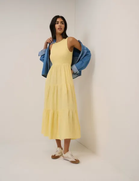 Nobody's Child Pure Cotton Shirred Midaxi Tiered Dress Yellow