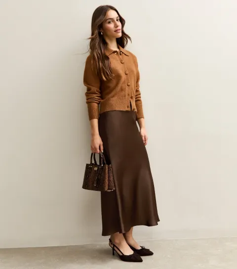 Women's Petite Dark Brown Satin Bias Cut Midi Skirt