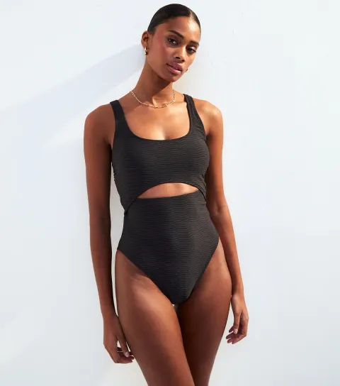 Women's Black Wave Textured Cut Out Swimsuit