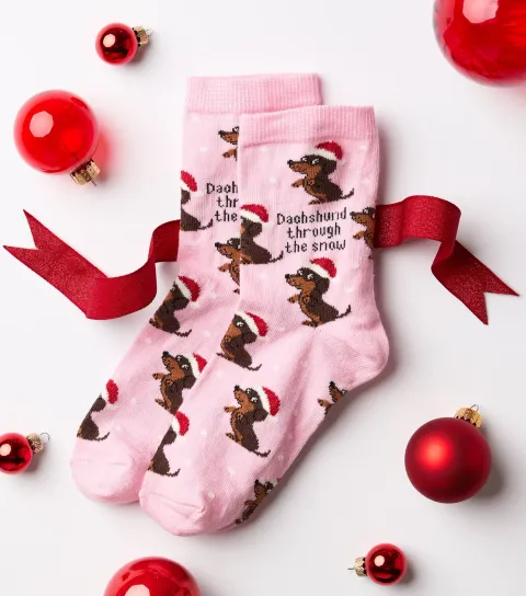 New Look Pink Cotton Rich Christmas Dachshund Through The Snow Ankle Socks