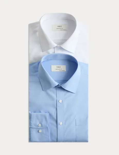 Marks & Spencer 2 Pack Regular Fit Easy Iron Cotton Blend Shirts White/Med Blue