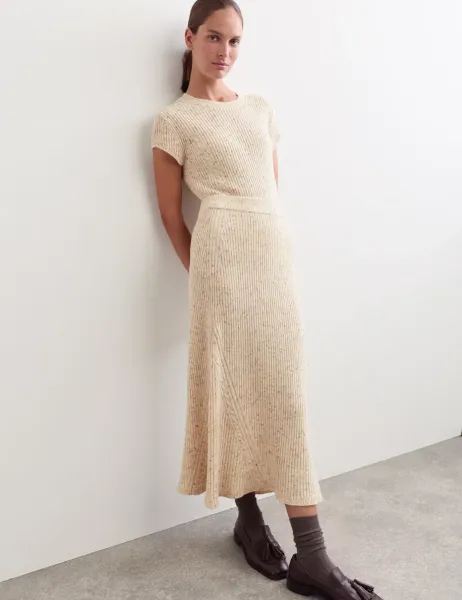 Jaeger Wool Blend Knitted Midi A-Line Skirt Ivory Mix