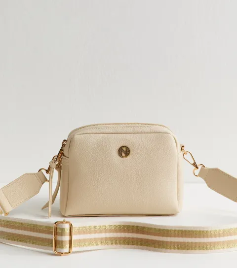 Cream Faux Leather Double Pocket Crossbody Bag Vegan