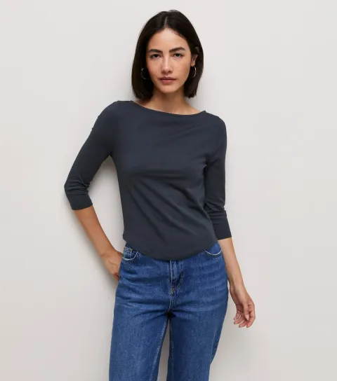 New Look Women's Navy Cotton Rich Cropped Sleeve Slash Neck Top