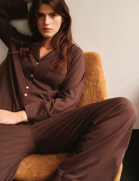 Marks & Spencer Cotton Modal Revere Pyjama Set Dark Brown