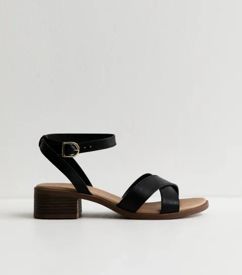 Women's Wide Fit Black Faux Leather Block Heel Sandals Vegan