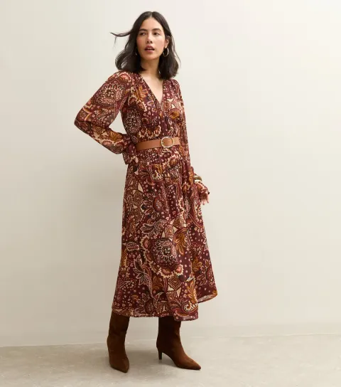 Women's Brown Paisley Print V-Neck Long Sleeve Midi Dress