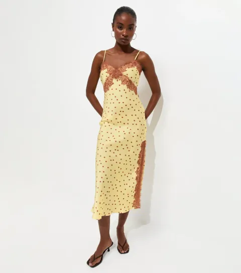 New Look Women's Yellow Lace Trim Polka Dot Cami Midi Dress
