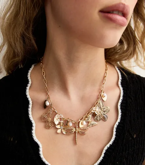 Gold Tone Butterfly and Floral Charm Necklace