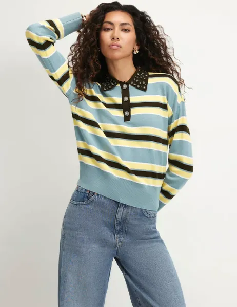 River Island Embellished Collar Striped Polo Shirt