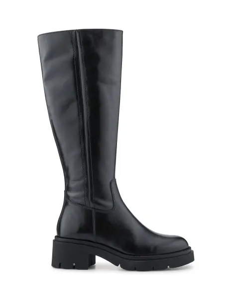 Leather Block Heel Knee High Boots Black
