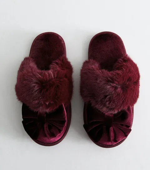 Women's Dark Burgundy Velvet Faux Fur Bow Mule Slippers