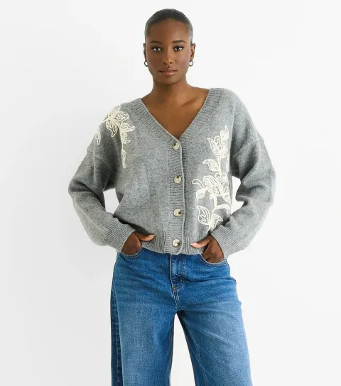 Women's Grey Floral Embroidered Cardigan