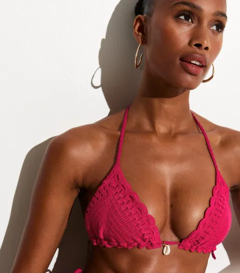Women's Dark Pink Crochet Triangle Shell Bikini Top
