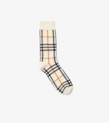 Check Cotton Nylon Blend Socks in Pebble white