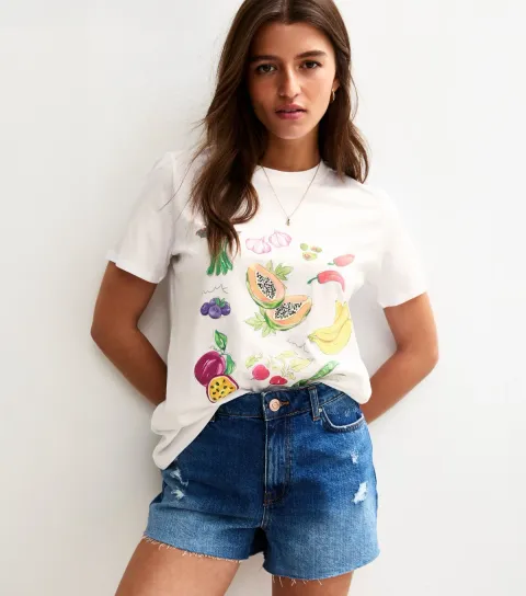 Women's White Fruit and Vegetable Print Relaxed T-Shirt