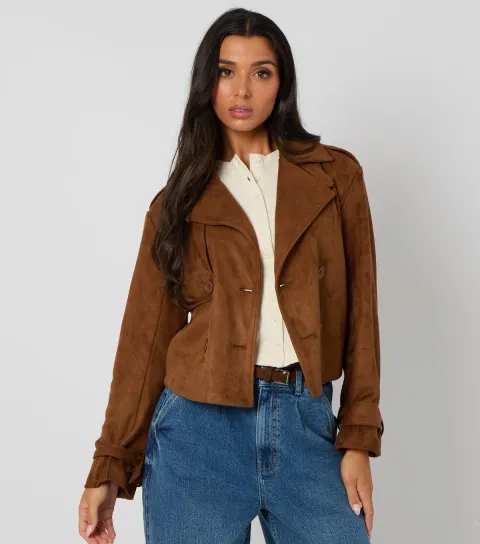 Women's Brown Faux Suede Trench Jacket