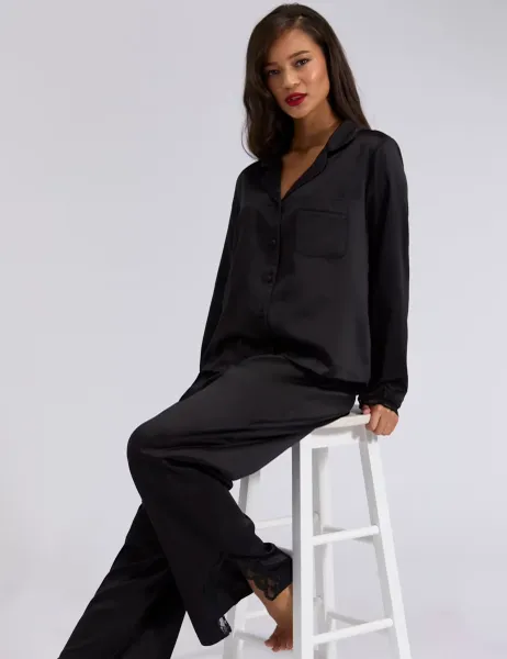 Boux Avenue Amelia Satin Lace Trim Pyjama Set Black