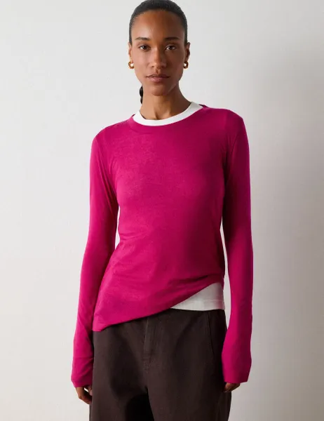 Whistles Lyocell Jersey Crew Neck Top with Wool Pink