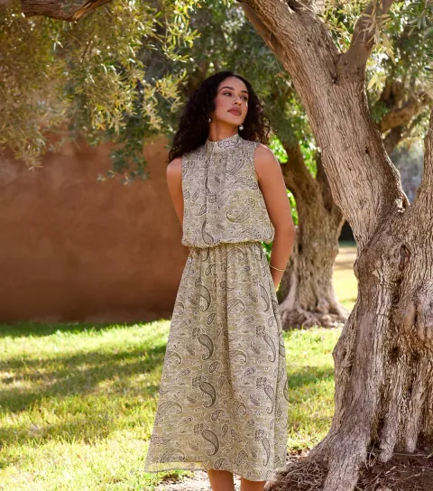 Women's Khaki Paisley Print High Neck Midi Dress