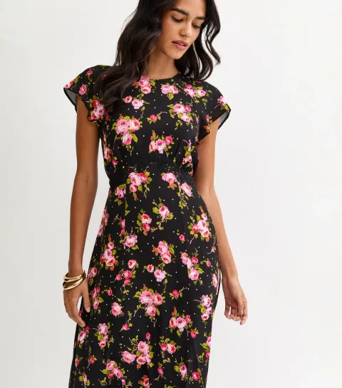 New Look Women's Black Floral Lace Waist Midi Dress
