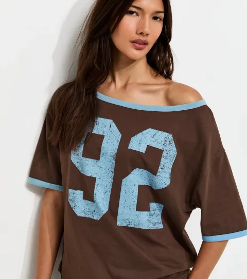 Women's Brown Cotton 92 Logo Off the Shoulder T-Shirt