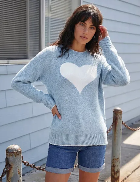 Roman Heart Contrast Stitch Jumper Light Blue Mix