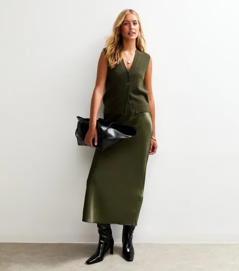 Women's Tall Khaki Bias Cut Satin Midi Skirt