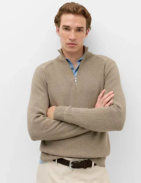 Marks & Spencer Cotton Blend Ribbed Half Zip Jumper Mushroom