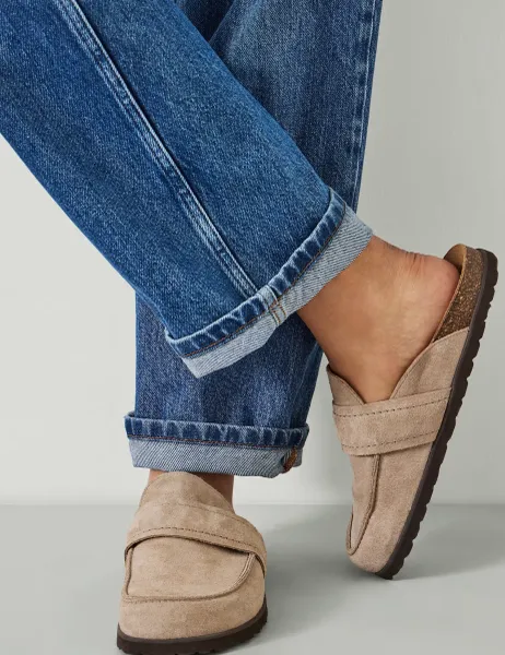 HUSH Suede Footbed Flat Mules Natural