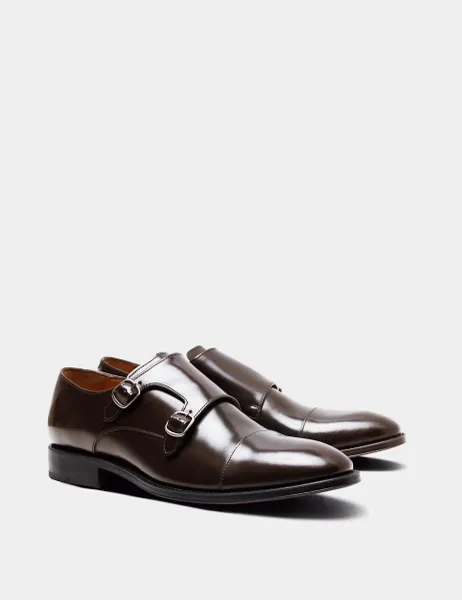 Hawes & Curtis Leather Double Monk Strap Shoes Brown