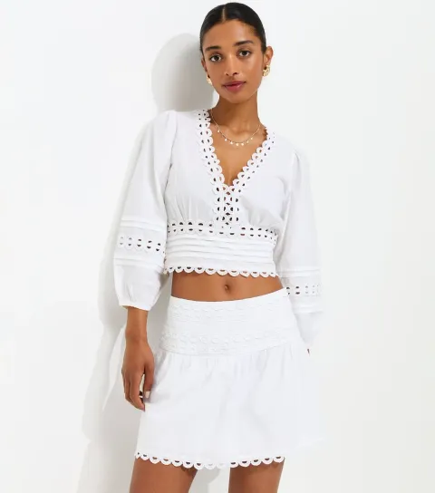 Women's White Cotton Scallop Lace Edge Mini Skirt