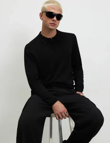 River Island Slim Fit Zip Up Long Sleeve Polo Shirt Black