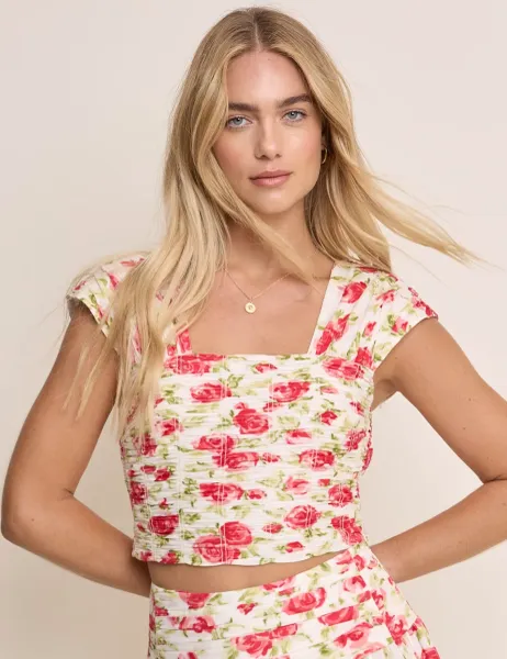 Nobody's Child Pure Cotton Floral Square Neck Crop Top Red