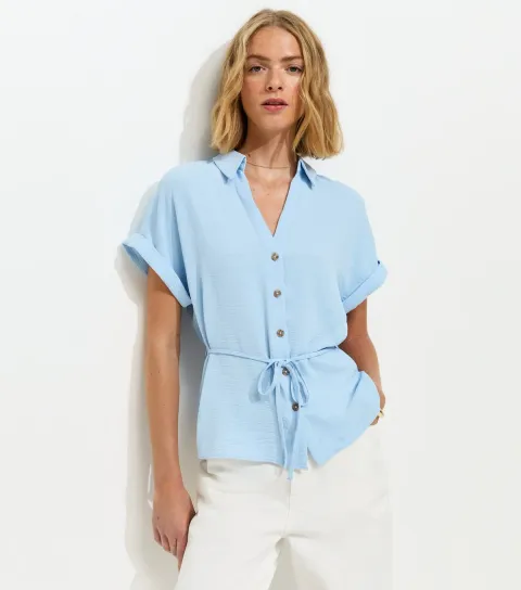 Women's Light Blue Belted Short Sleeve Shirt