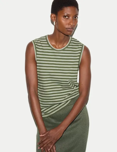 Jigsaw Pure Cotton Striped Tank Top Green Mix