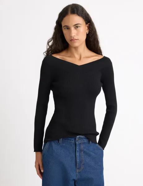 Albaray Ribbed Bardot Top Black
