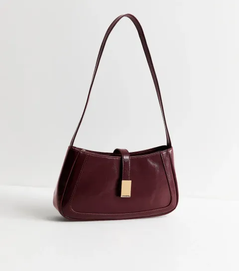 Dark Burgundy Faux Leather Clip Detail Shoulder Bag Vegan
