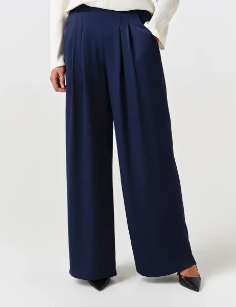 Satin Pleated Wide Leg Trousers Navy