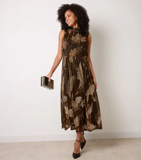 Blue Vanilla Women's Bronze Floral High Neck Midi Dress