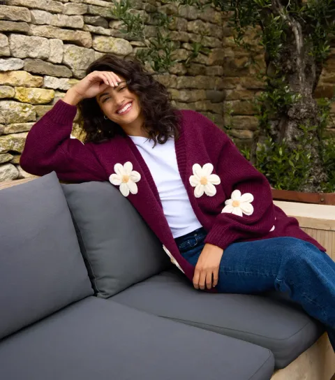 Women's Burgundy Daisy Embroidered Cardigan