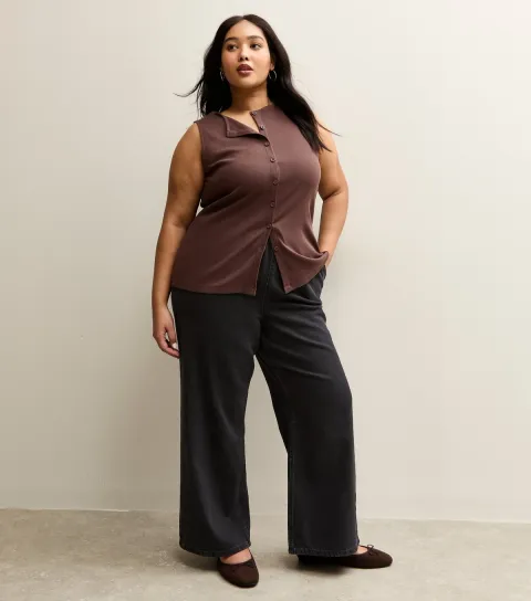 Women's Plus Size Black Drawstring Waist Pull On Wide Leg Jeans Curves
