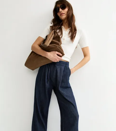Women's Tall Dark Blue Denim Pleated Wide Leg Trousers