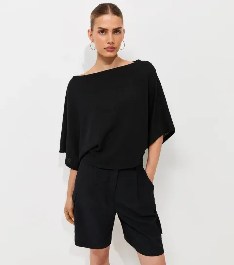 New Look Women's Black Slash Neck Textured Batwing Top