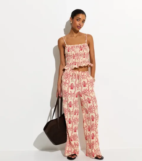 Women's Red Sun Print Wide Leg Beach Trousers