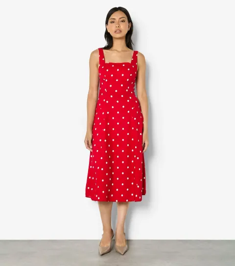 Women's Red With Linen Polka Dot Print Midi Dress
