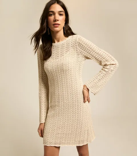 Women's Cream Shimmer Open Knit Mini Dress