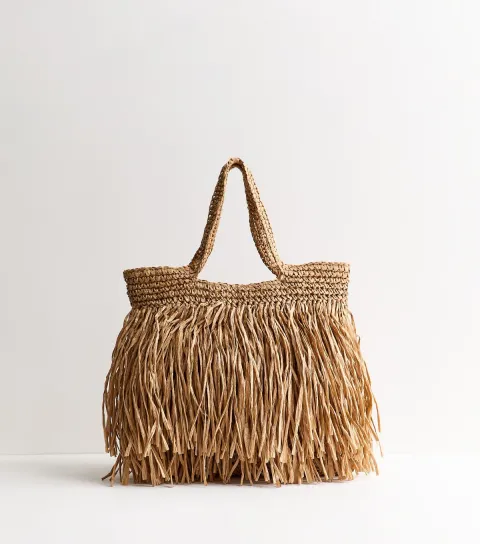 Stone Woven Fringe Tote Bag